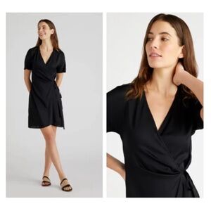 Quince | NEW Washable Silk Black Wrap Short Sleeve Mini Dress Size L